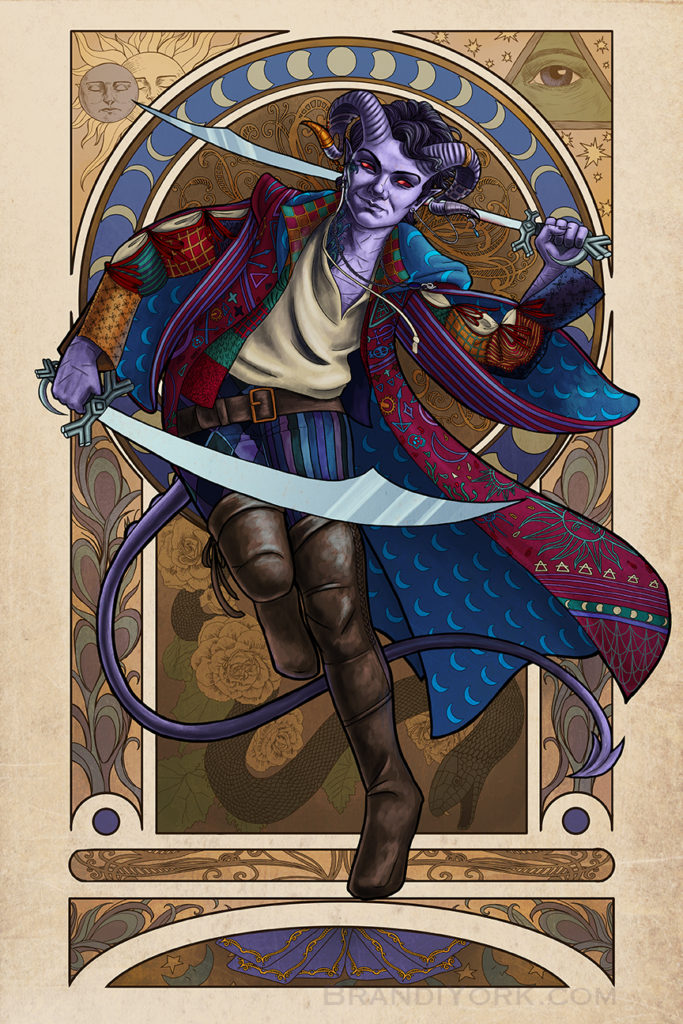 Critical Role - Magnificent Bastard featuring Mollymauk Tealeaf leaping into battle, his swords out. One crosses before his body while the other drapes behind his neck. His ornate coat flares out to the side. Behind him is a detailed frame with motifs from his coat (moon phases, sun and moon, pyramid with an eye in the middle and stars), peacock feathers, and a snake with begonia flowers. Below him in the frame are a fan of cards.