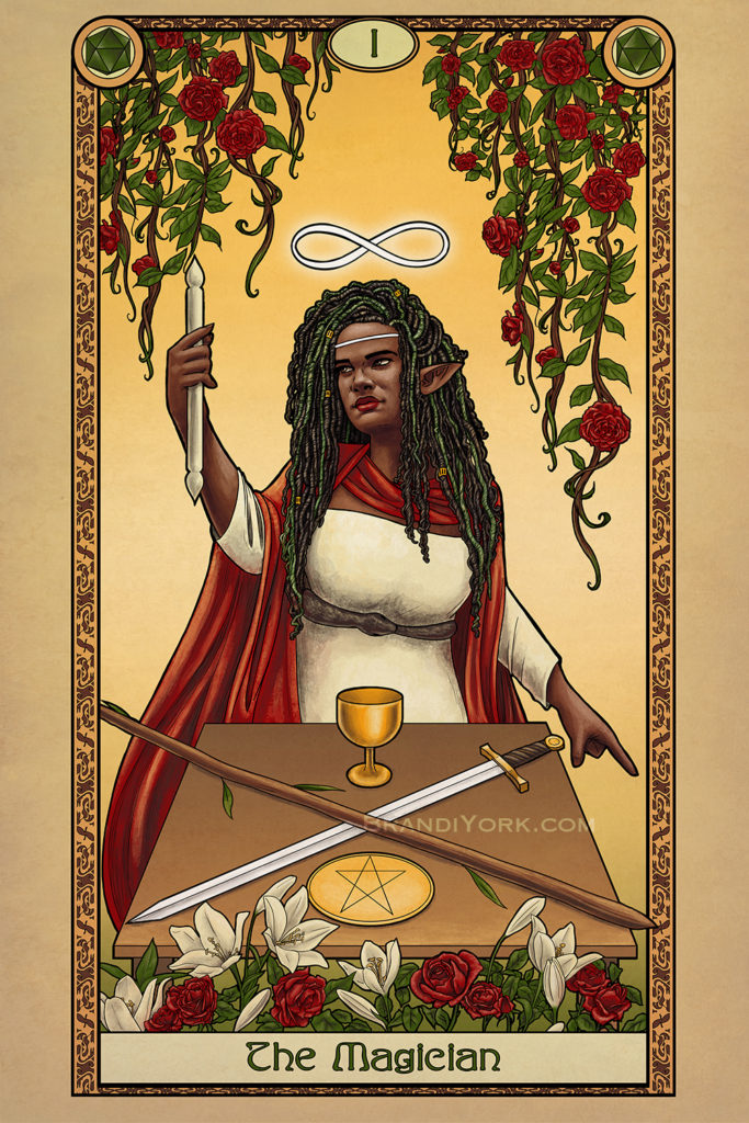 Tabletop Tarot - The Magician - An elf holds her right hand up, a dual-tipped wand in her hand. Her other hand points downward beside a table with a gold cup, wooden staff, sword, and a large coin with a star engraved on the surface. Above her head is the infinity symbol. At the top of the frame are vines of red roses hanging down. In front of the table are red roses and white lilies.