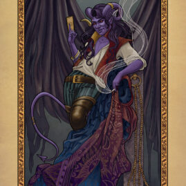 The Devil Card of the Tabletop Tarot deck, featuring an ostentatiously dressed purple tiefling stands, leaning against a post with two chains attached, though empty. He holds up a fortune telling card in is right hand, his left hanging down with a cigarette between his fingers, mimicking the hand gesture of the Hierophant.