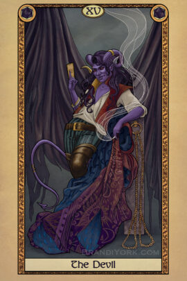 The Devil Card of the Tabletop Tarot deck, featuring an ostentatiously dressed purple tiefling stands, leaning against a post with two chains attached, though empty. He holds up a fortune telling card in is right hand, his left hanging down with a cigarette between his fingers, mimicking the hand gesture of the Hierophant.