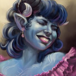 Portrait painting of Jester smiling, wearing a pink frilly gown.