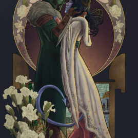 Fjord and Jester stand close together, Fjord's hand on Jester's face. Sprinkle the weasel pops out of Jester's hood and Jester's tail wraps up near Fjord's leg. The background has a ring of flowers and a stained glass of the window in Jester's room in Caleb's tower. In front are carnations.