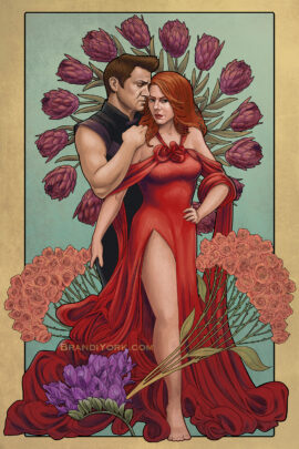 Black Widow stands in a flowing red gown with her hand on her hip, her other hand reaching back to grasp Hawkeye's thigh. Hawkeye stands behind her, a hand on her shoulder. Flowers surround them.