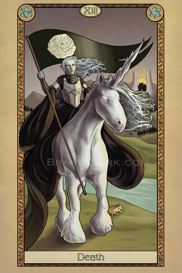 Death rides upon a large white unicorn, carrying a black flag with a white rose. At the unicorn's feet, a discarded crown is trampled. Behind her, the sun sets between two gates in the distance.
