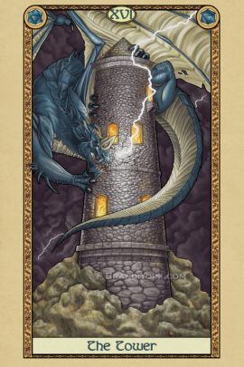 Lighting strikes a crumbling tower as a blue dragon latches onto the side of the tower. Flames glow from within the tower's windows.