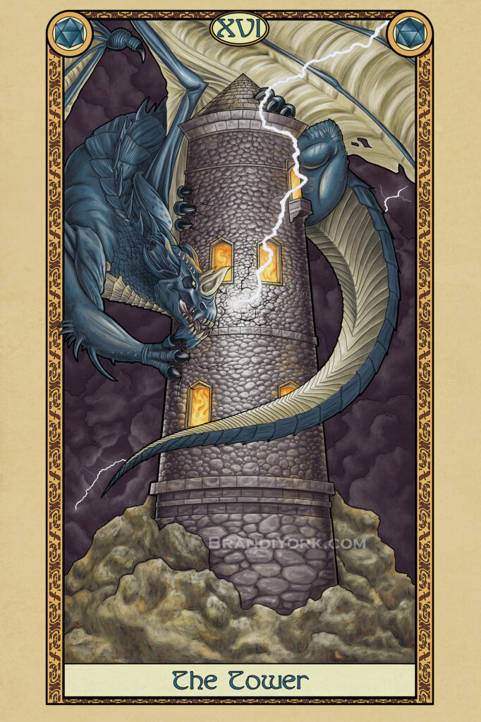 Tarot card - The Tower. Lighting strikes a crumbling tower as a blue dragon latches onto the side of the tower. Flames glow from within the tower's windows.