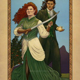 A man and woman stand, hands clasped, as they prepare for battle. The woman with red hair holds her sword aloft, while the half elf man holds a ball of magic in his hand. Behind them is a sun, mountains, and a tree with apples.