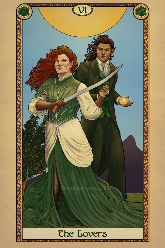 A man and woman stand, hands clasped, as they prepare for battle. The woman with red hair holds her sword aloft, while the half elf man holds a ball of magic in his hand. Behind them is a sun, mountains, and a tree with apples.