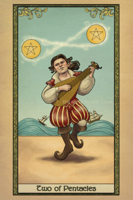 The gnome bard dances with his lute, singing a magical melody that enchants two pentacles to rise into the air. Behind him, two ships sail on rocky seas , finding balance in the chaos.
