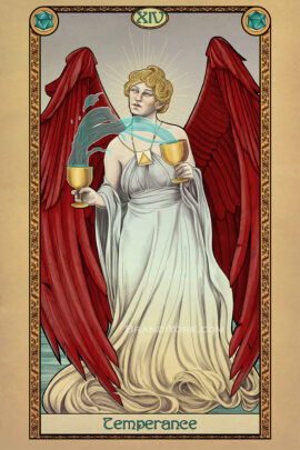 A red winged angel stands with a golden cup in each hand, water magically flowing between each.