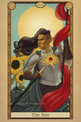 A warrior in silver armor emblazened with a golden sun carries aloft a red flag. Behind them, the sun shines brightly down on the warrior and the sunflowers.