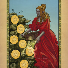 A half orc stands in a red gown, tending to her crop of pentacles