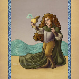 A cleric holds up a golden cup with a fish popping out. Behind her are waves.