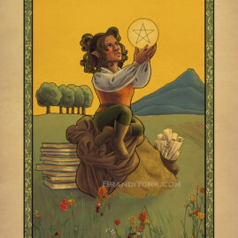 A cartographer holds aloft a pentacle coin while sitting on a rock in a field of flowers. Beside her is her bag of maps and books.