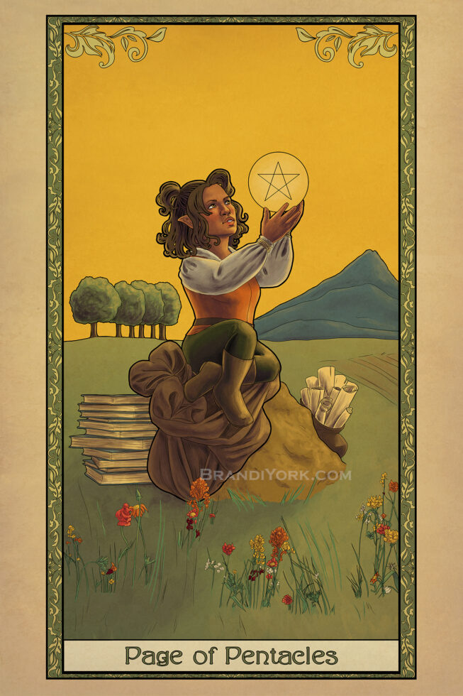 A cartographer holds aloft a pentacle coin while sitting on a rock in a field of flowers. Beside her is her bag of maps and books.