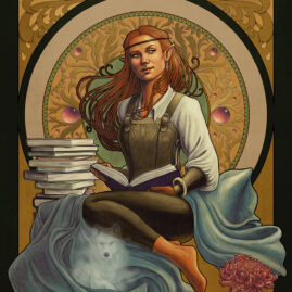 A druid sits among her books, wrapped in cloth. Her windspirit sits in front of her. Behind is an intricate frame.