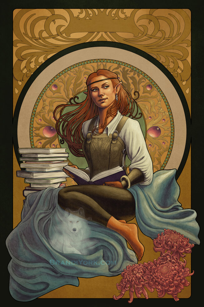 A druid sits among her books, wrapped in cloth. Her windspirit sits in front of her. Behind is an intricate frame.