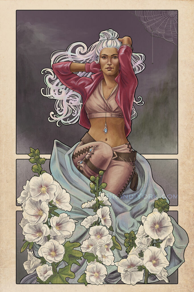 Opal from Exandria Unlimited sits, wrapped in a flowing blue cloth at her waist. Below her are hollyhock flowers.