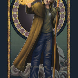 Harry Dresden stands with staff in one hand, conjuring flame with his other. Behind is his grey cloak on the floor, with a floral motif in the frame.