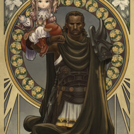 Nanamo sits on Raubahn's arm, held aloft. Behind is a frame with floral details.