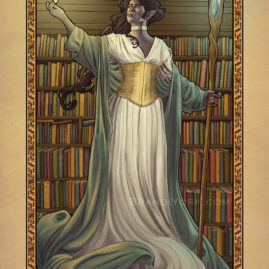 A wizard stands in her library, holding a bright start in her hand, lighting the way through her books.