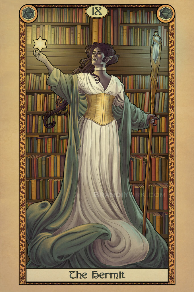 Tabletop Tarot - The Hermit - A wizard stands in her library, holding a bright start in her hand, lighting the way through her books.