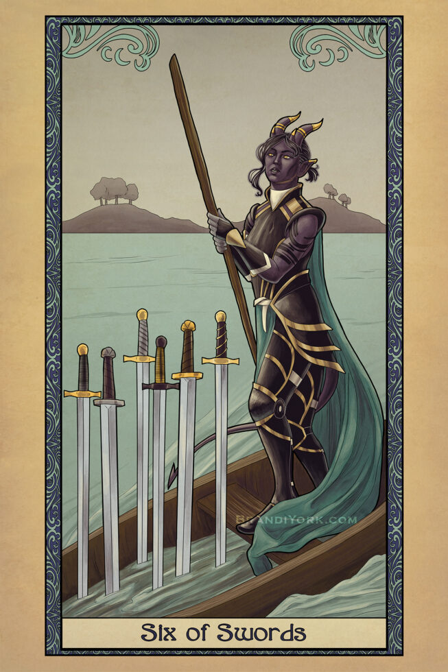 A warrior stands in a boat on the water, six swords piercing the hull.