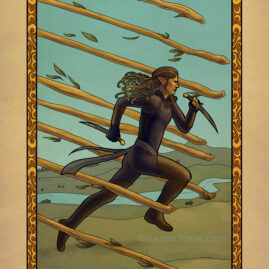 A rogue dashes forward, eight wands pushing her momentum forward.