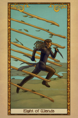A rogue dashes forward, eight wands pushing her momentum forward.