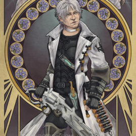 Thancred stands in front of an ornate frame, his gunblade in hand. Behind and above within the frame are profiles of Minfilia and Ryne, their backs to the Crystal Hydaelyn