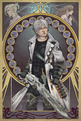 Thancred stands in front of an ornate frame, his gunblade in hand. Behind and above within the frame are profiles of Minfilia and Ryne, their backs to the Crystal Hydaelyn