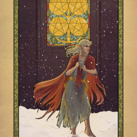 A half elf walks barefoot through the snow, her tattered cloak blowing in the wind. Behind her is a stained glass window of five pentacles and leaves.