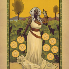 A dark elf stands before a hedge with nine pentacles hanging around the grapes. Her hand is aloft with a falcon perched on her gloved hand.