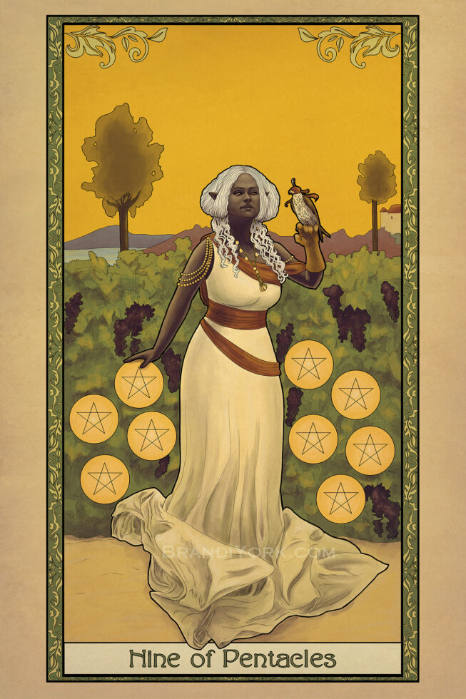 A dark elf stands before a hedge with nine pentacles hanging around the grapes. Her hand is aloft with a falcon perched on her gloved hand.