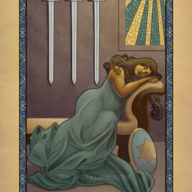 A dwarven warrior sleeps on a divan, three swords hanging on the wall behind her and a fourth on the floor at her feet.