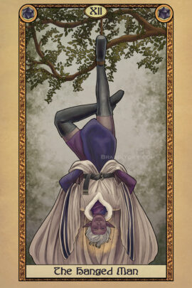 A dark elf wizard hangs upside down from the bows of a tree, one leg tied to the tree, the other bent at an angle. His arms are behind his back, his robe falling down around him. His face is serene.