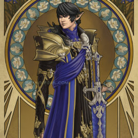 Aymeric stands, looking back over his shoulder, one hand on his sword, Naegling. Behind him is a ring of magnolia flowers, which mean nobility and perseverance. Above him in the frame are blue irises, which mean hope and faith.