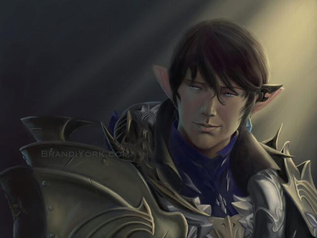 Aymeric de Borel in full armor, backlit by a strong light.