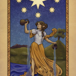 A woman stands with one foot in water, one foot on land. She holds aloft two jugs pouring water. Above is one large star and seven smaller stars in the sky.