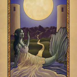 A green skinned mermaid sits upon the edge of the bank, her hand held up toward the moon in the sky above her.