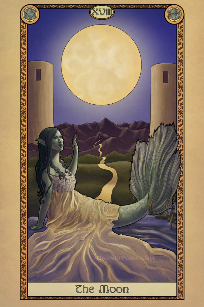 A green skinned mermaid sits upon the edge of the bank, her hand held up toward the moon in the sky above her.
