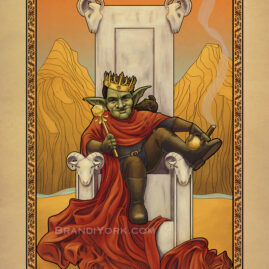 A goblin reclines on a throne, a crown perched on his head, a septer in one hand, a cigar in the other.