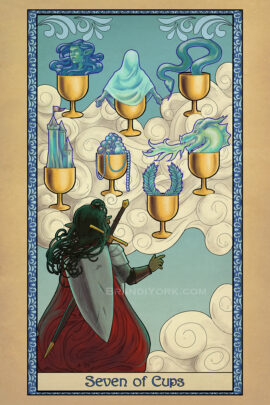 A fighter with sword and shield looks to the clouds where seven cups float, different images rising out of each cup.