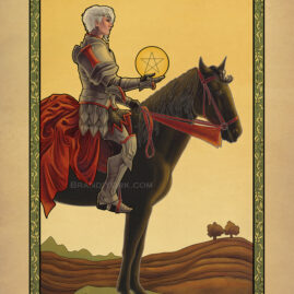 A woman sits on horseback in plate armor, holding up a large pentacle in her hand. Beyond her are tilled fields.