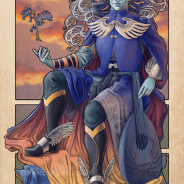 Critical Role - Dorian Storm sits against a sunset sky, his hair drifting behind him. One hand rests on a blue lute, while the other hand hovers a bluebell flower above his fingers.