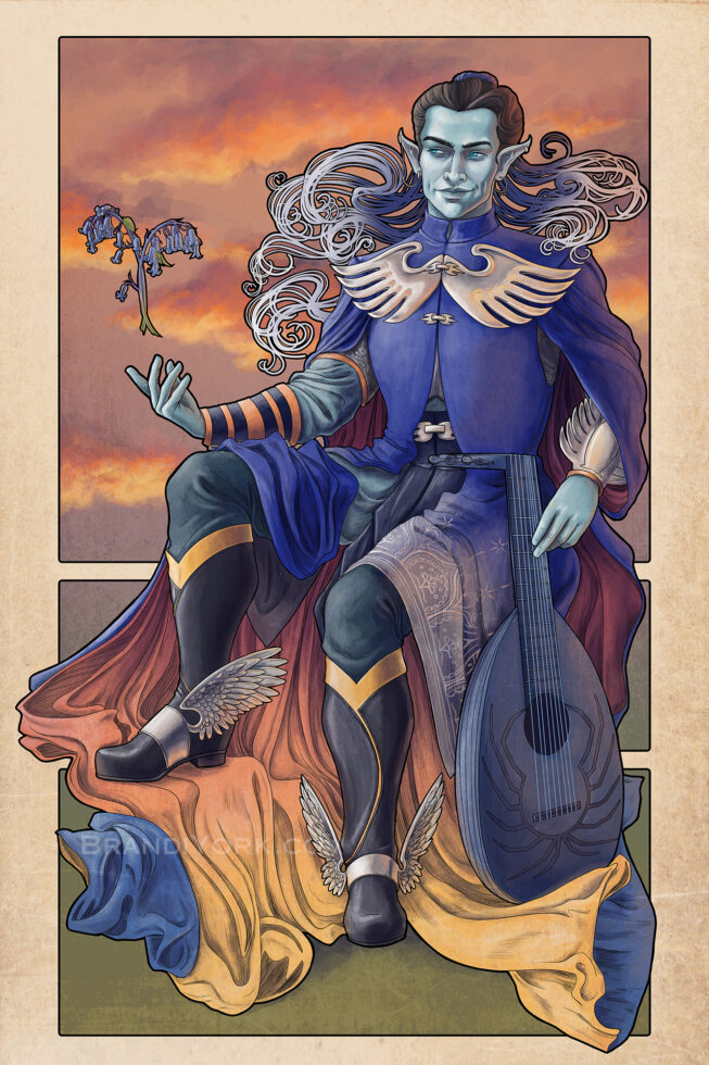 Critical Role - Dorian Storm sits against a sunset sky, his hair drifting behind him. One hand rests on a blue lute, while the other hand hovers a bluebell flower above his fingers.