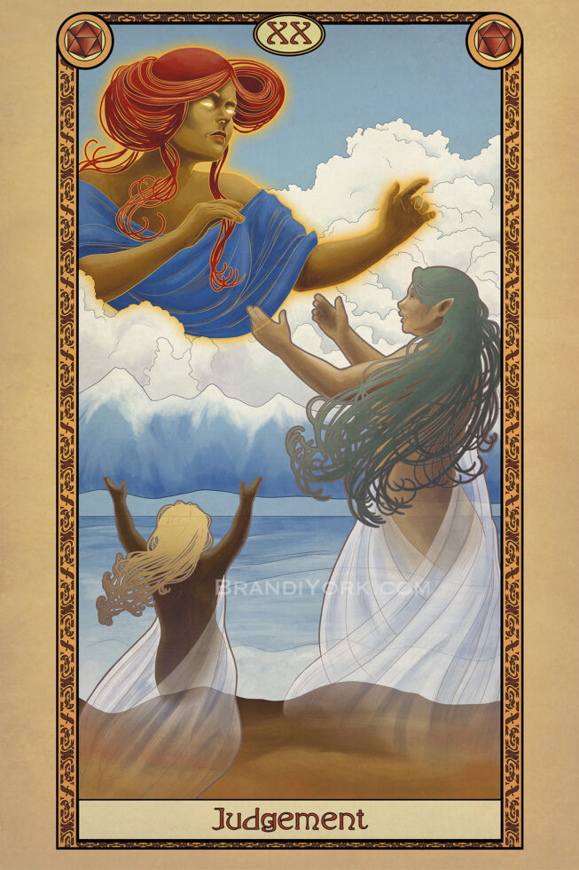 A tarot card depicting a glowing deity rising from the clouds, with two ghostly figures down below on the sand, reaching up to the deity.