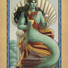 A tarot card of a merman sitting upon a shell throne, a cup in one hand, a scepter in the other. Fabric drapes around his chest and behind his fin.