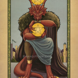 A tarot card depicting a red dragonkin clutching a golden coin in his hands, another balanced on his head. Two more rest on the ground beneath his claws.