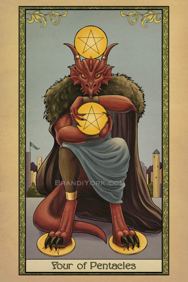 A tarot card depicting a red dragonkin clutching a golden coin in his hands, another balanced on his head. Two more rest on the ground beneath his claws.